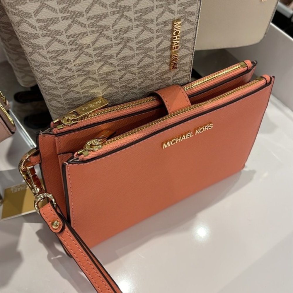 Michael Kors Jet Set Travel Leather Large Double Zip Wallet Wristlet Sherbert - Picture 7 of 16
